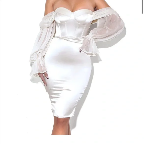 strapless open back dress Calcite Balloon Sleeve Off Shoulder Mini Dress | Ivory | Dresses main image 1